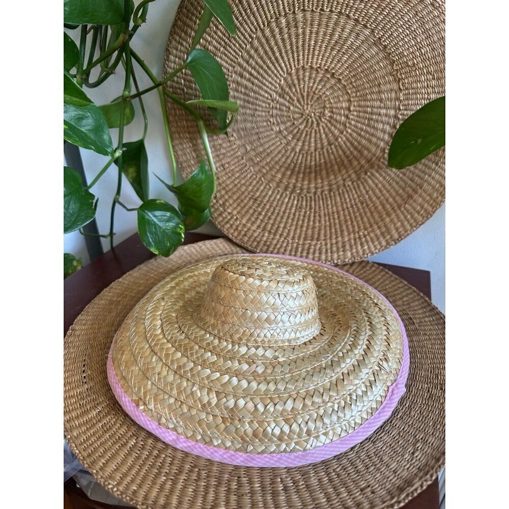 Large Straw Sun Hat with Pink Gingham Trim